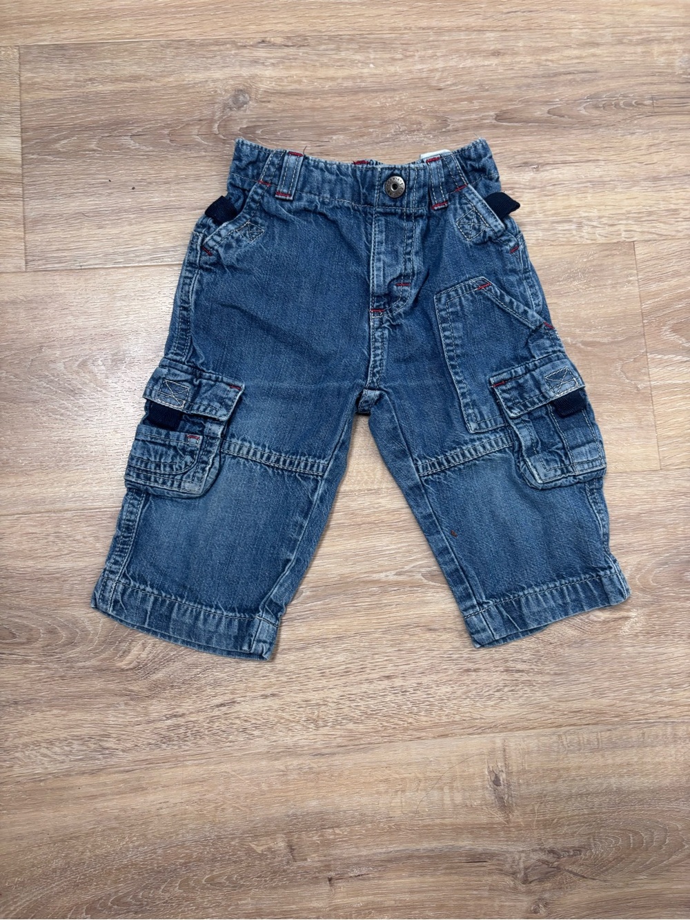 Y2K Vintage Wrangler Baby Boys Denim Cargo Pants Size 12M Red Stitching